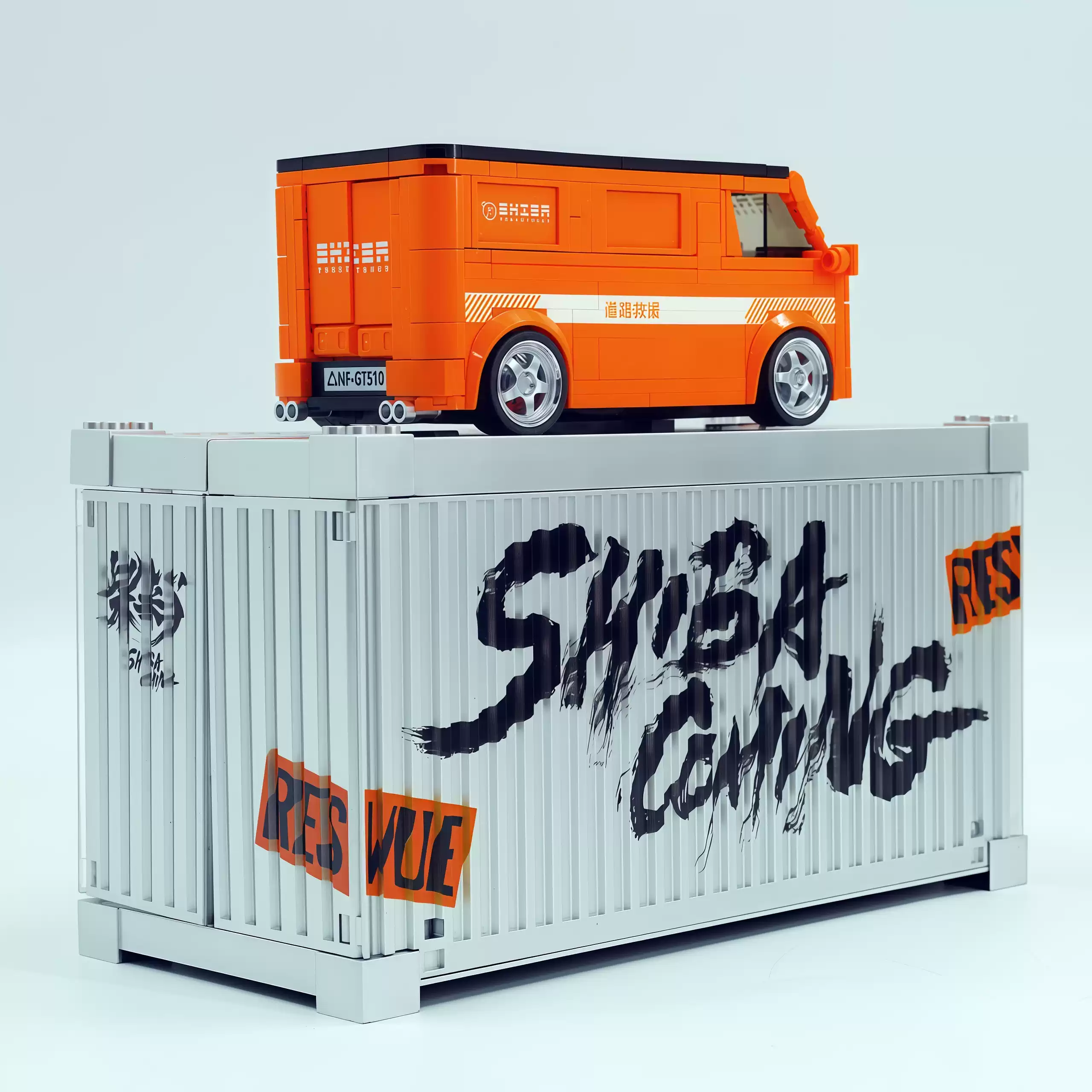 Orange modified minivan assembling building block car toy model. - Image 3