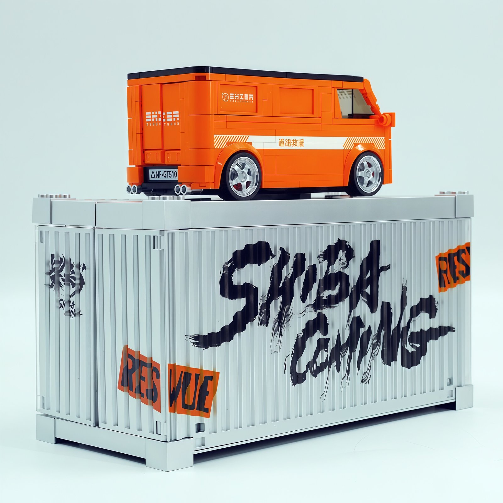 Orange modified minivan assembling building block car toy model. - Image 12